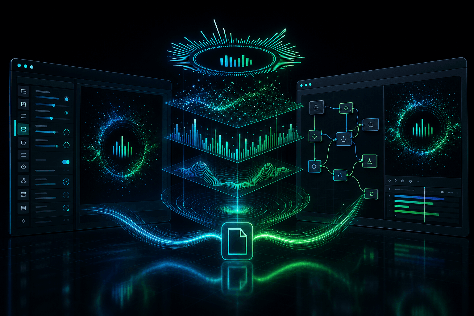 A multi-layer visualizer composition shared between a Classic editor panel and a Studio canvas with a glowing node graph