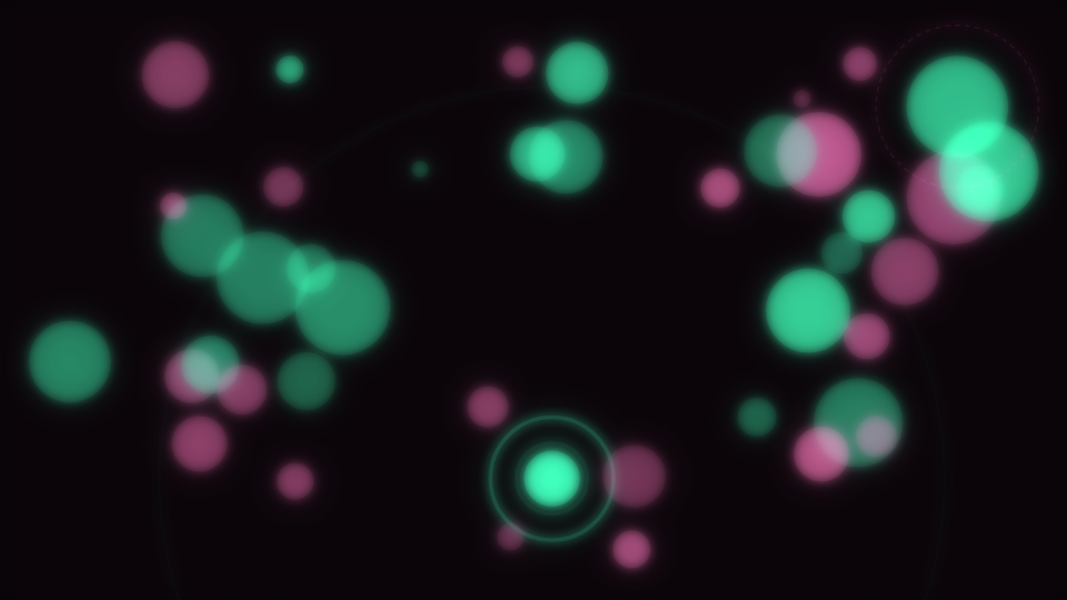 Soft overlapping translucent discs spreading from the centre of a dark frame