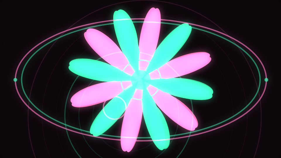 Layered petal forms with expanding rings crossing through them