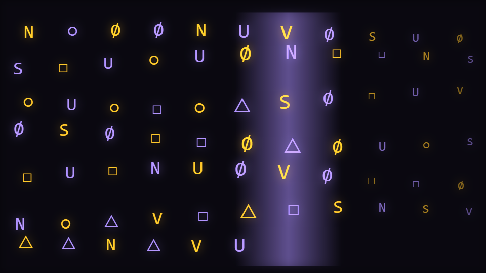 A grid of small monospaced characters across a dark frame, some brighter and larger than others