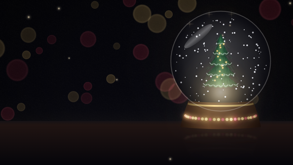Snow Globe: a glass snow globe on a lit base with artwork inside it and snow swirling