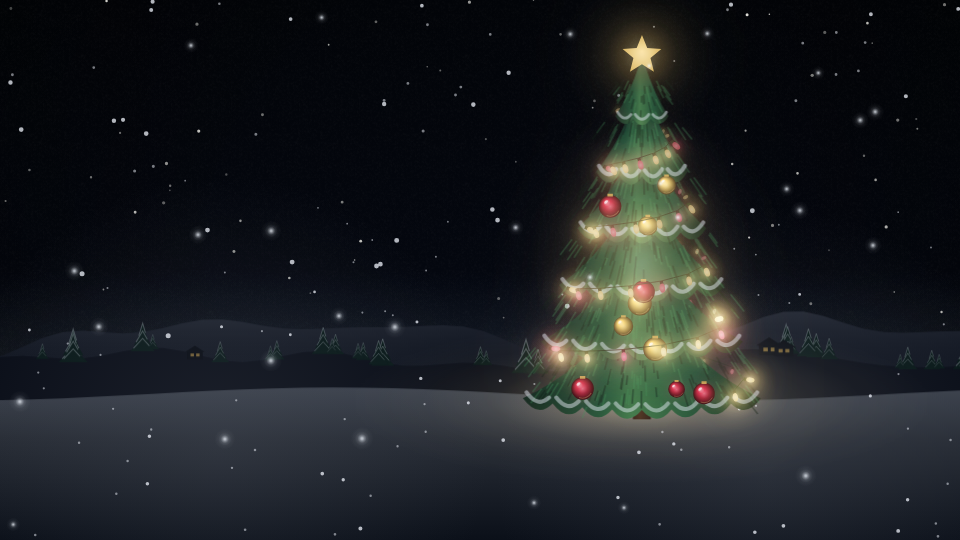 Tree Lights: a snow-dusted pine wound with warm string lights on a dark winter night