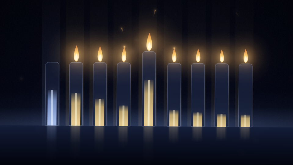 Eight Nights: eight glowing glass pillars and a taller shamash rising and falling with the music