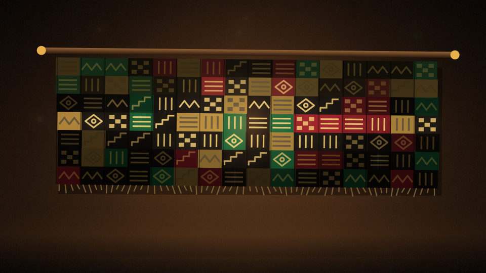 Woven Bands: a hanging cloth of woven strips in red, green, black and gold, lit from its centre line
