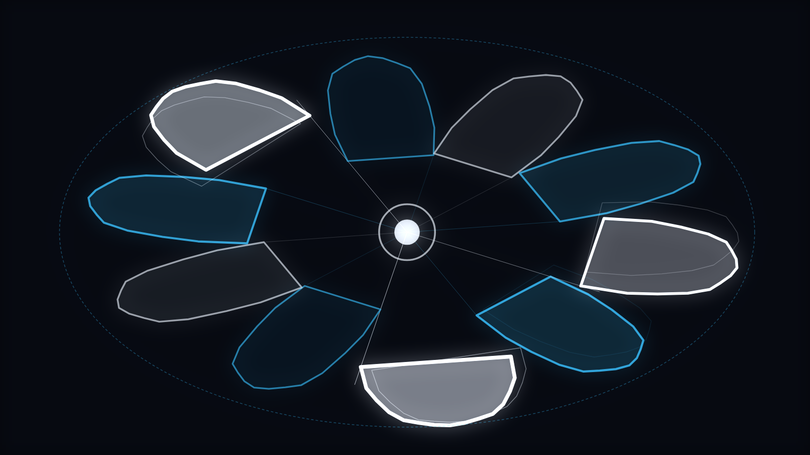A mirrored, hard-edged geometric scene from the Lattice engine
