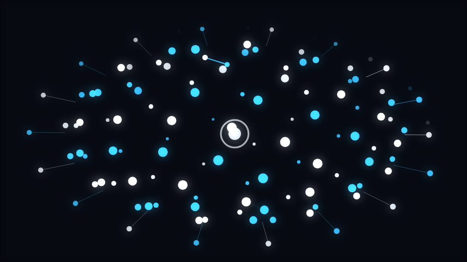 A rotating wireframe sphere of connected points, brighter at the front and dimmer at the back