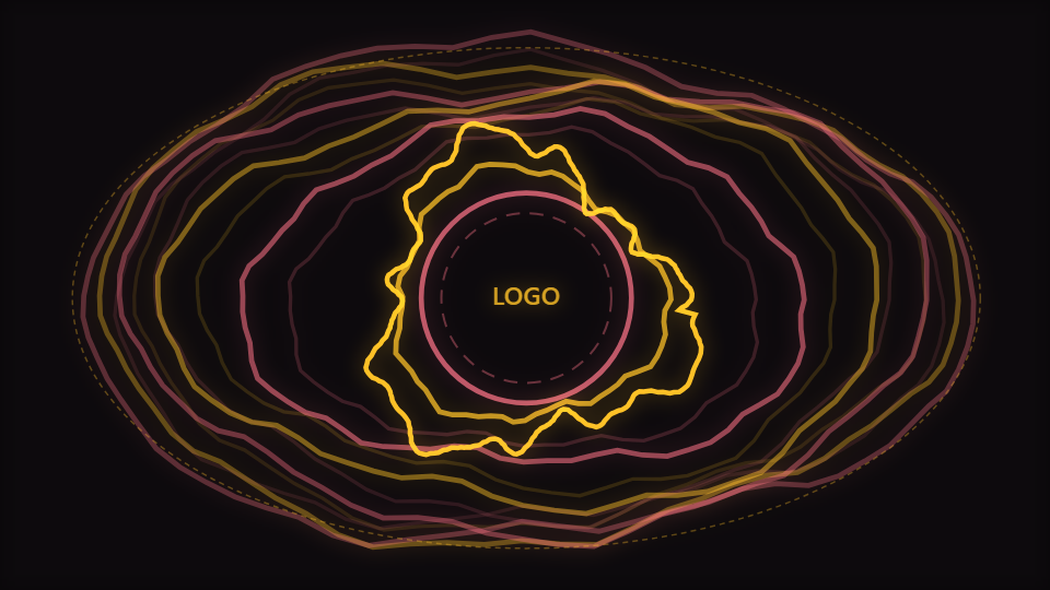 A closed wavy ring surrounding a reserved circular space in the centre of a dark frame
