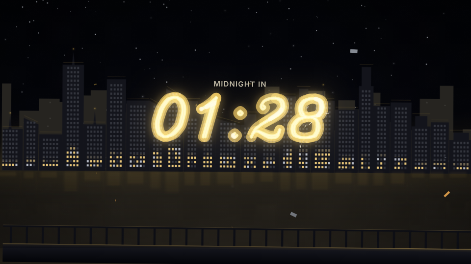 Midnight Countdown: a countdown written in gold light over a night skyline, fireworks behind
