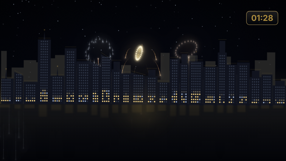 Skyline Fireworks: fireworks bursting in gold and silver over a dark city skyline and its river