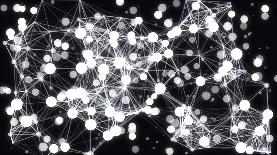 Sparse points joined by faint lines into a loose network across a dark frame