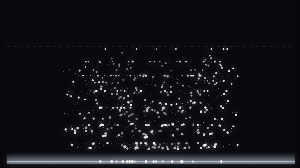 Arcs of particles rising from the lower edge of a dark frame and falling away to either side