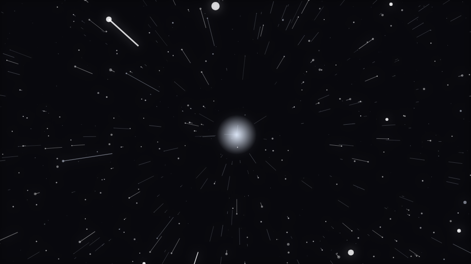 A field of stars streaming outward from the centre of the frame, near stars larger than far ones