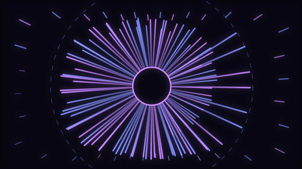 Dense symmetric rays radiating from a reserved centre, with finer and coarser layers overlapping