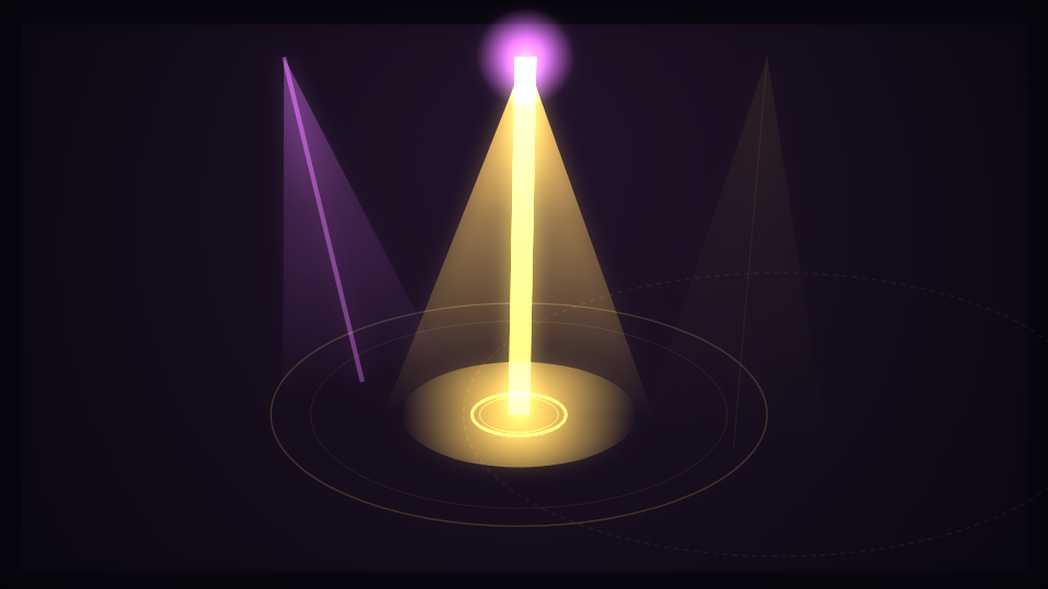 A single wide beam thrown from above onto an elliptical pool of light on a dark stage