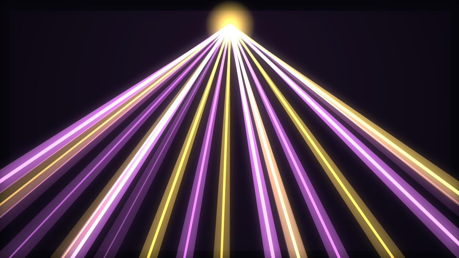 A fan of coloured beams thrown across a hazy dark stage from the Stage Lights engine