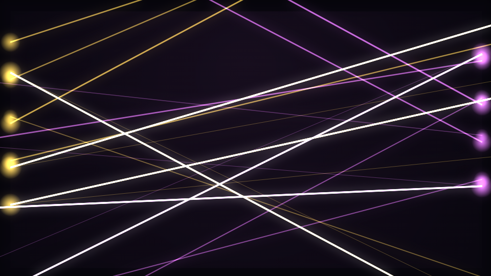 Thin bright lines crossing a dark hazy frame from fixtures along the left and right edges