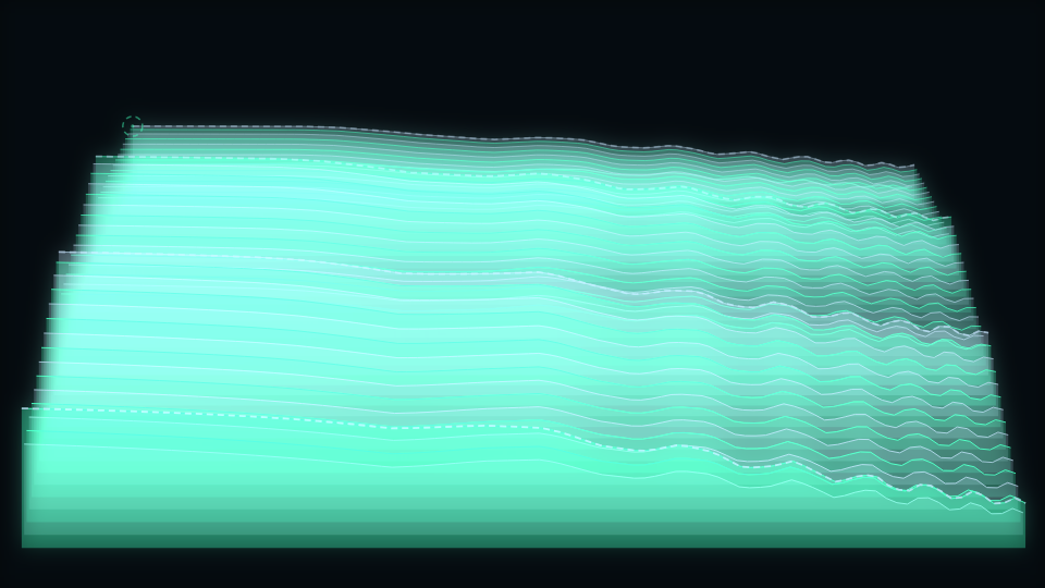 Overlapping translucent elevation bands stacked into a topographic plate across a dark frame
