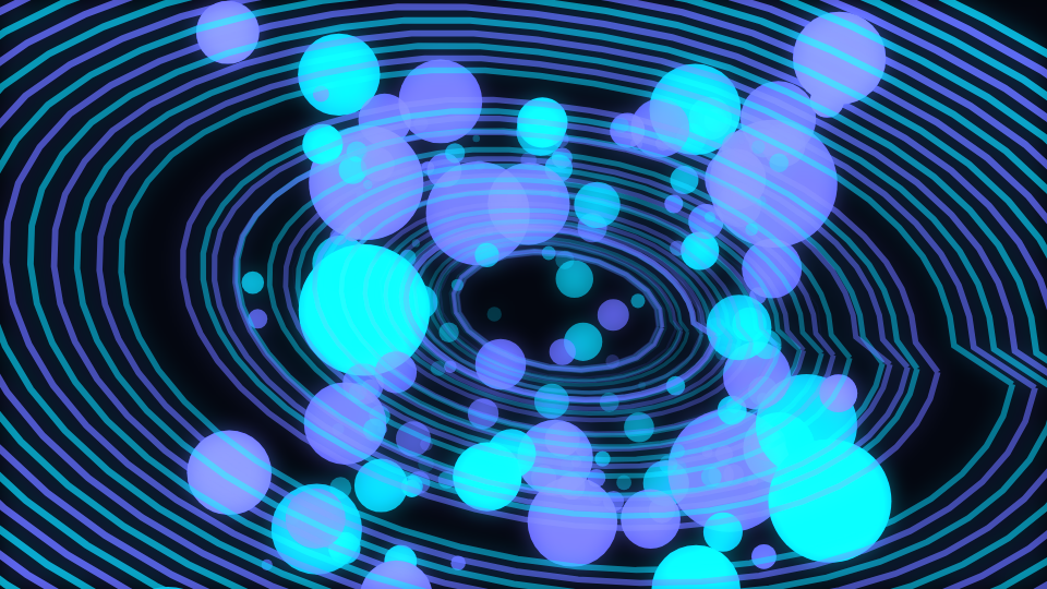 A spiral of bright points wrapped around a receding series of faint circular rings