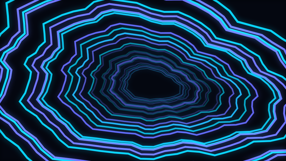 Nested irregular rings receding to a vanishing point, each rippled around its circumference